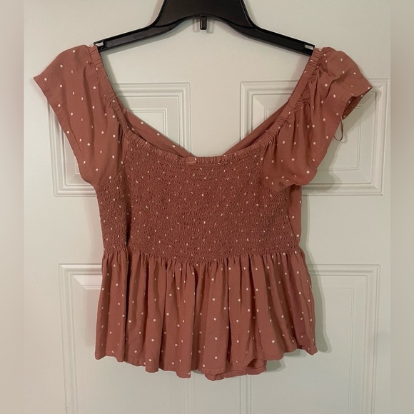 Japna Women's Mauve Viscose V-Neck Polka Dot Ruffle Cap Sleeve Peplum Top Size M - Picture 3 of 6